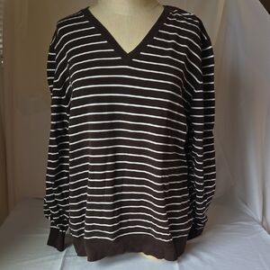 Lands' End Brown and White Striped V-Neck Sweater
